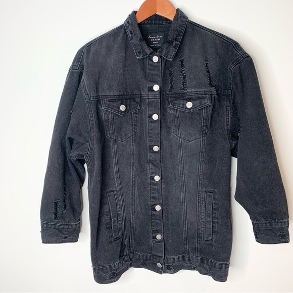 Love Tree Denim Black Oversized Distressed Jean Jacket Small - Picture 1 of 13